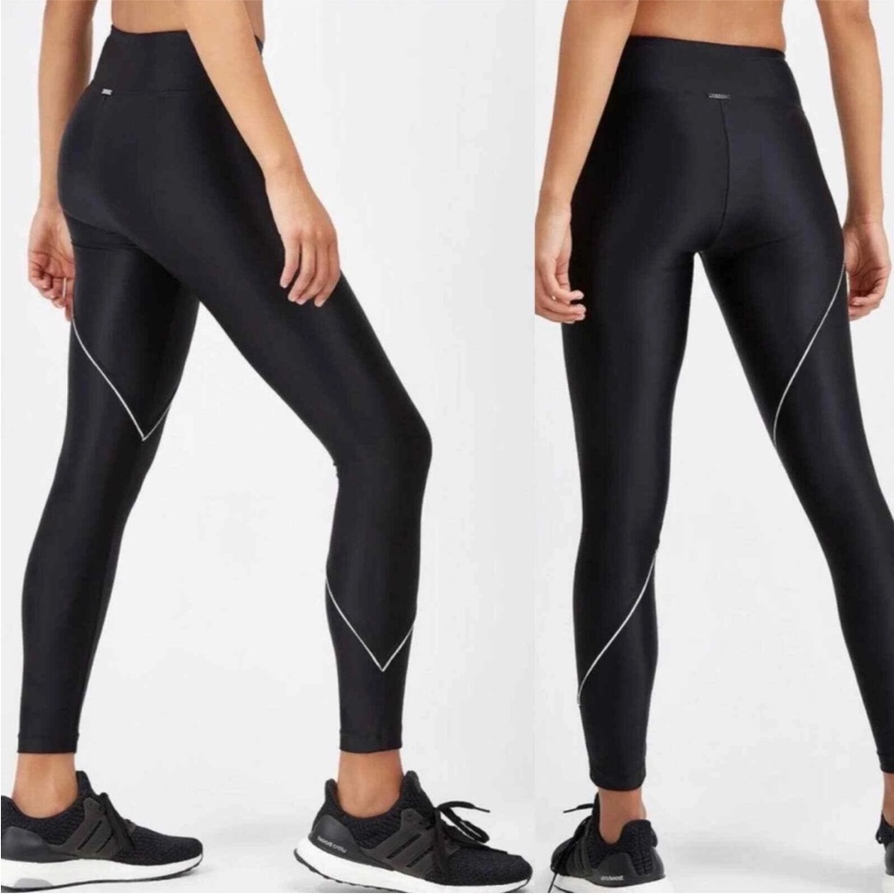 Koral Black High-Rise Lustrous Shiny Leggings with Pink Contrast Piping Accents